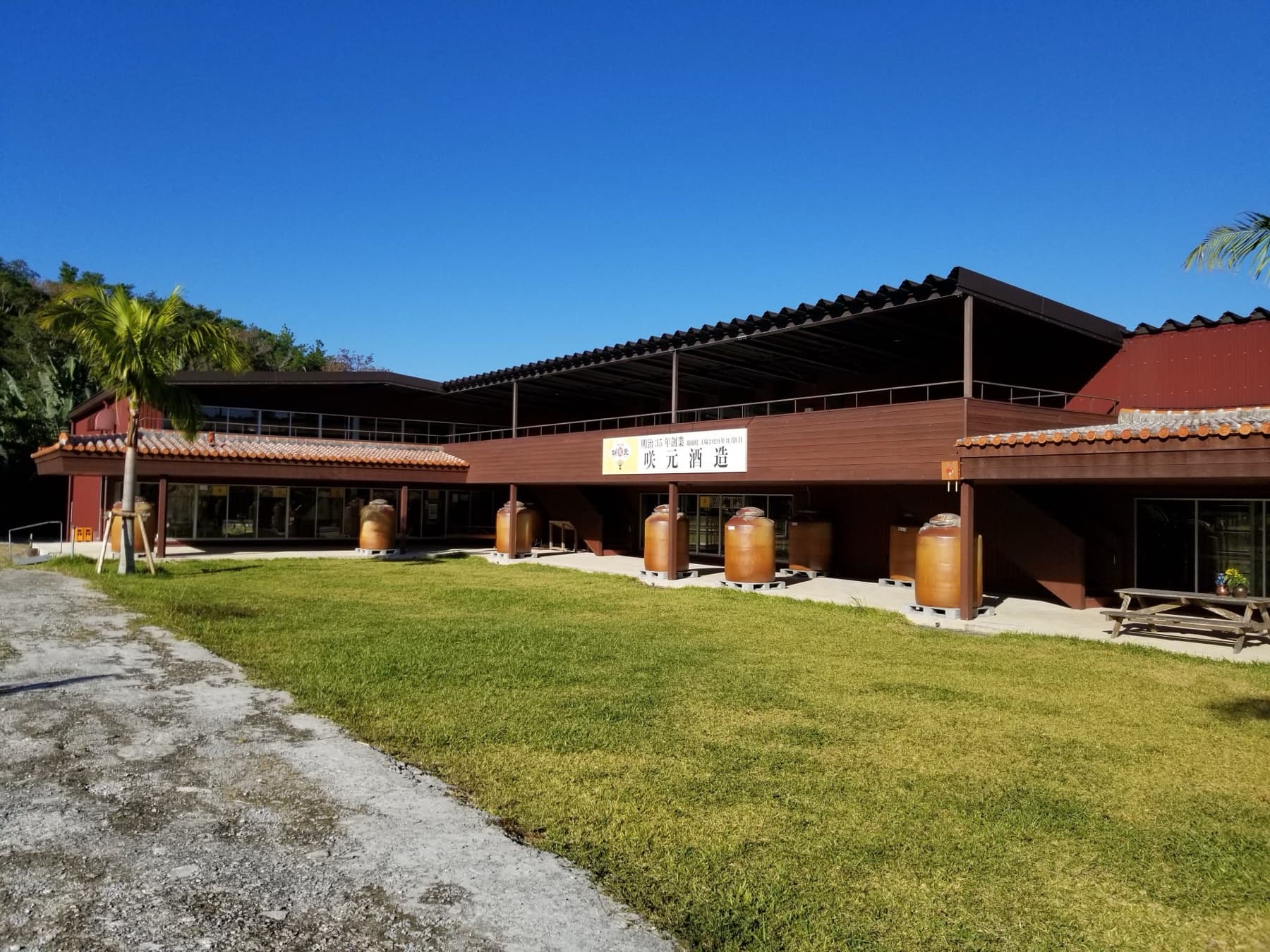Large brown earthenware awamori jars stand along the front of the Sakimoto distillery's low red-tiled building across a sunny lawn in Onna