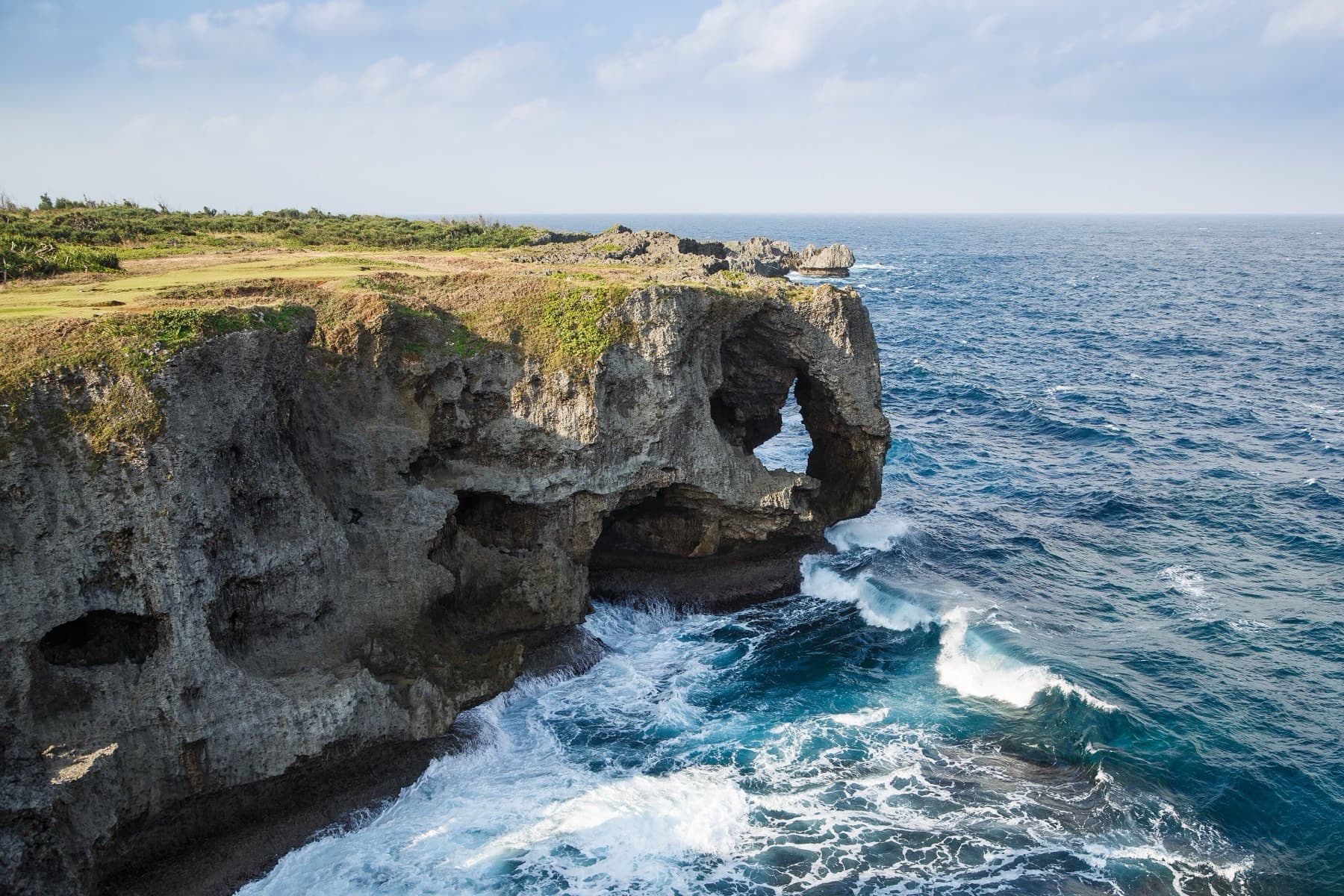 Waves break white against the base of Cape Manzamo, where the grassy cliff ends in a limestone arch shaped like an elephant's trunk dipping into the deep blue sea