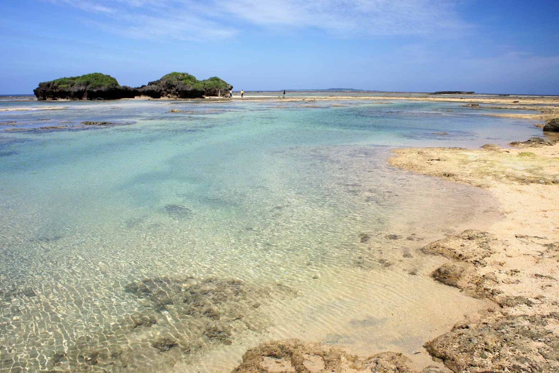 Clear tide pools and ribbed sand lead out to two small wooded islets off Hoshizuna Beach on Iriomote under a high blue sky.