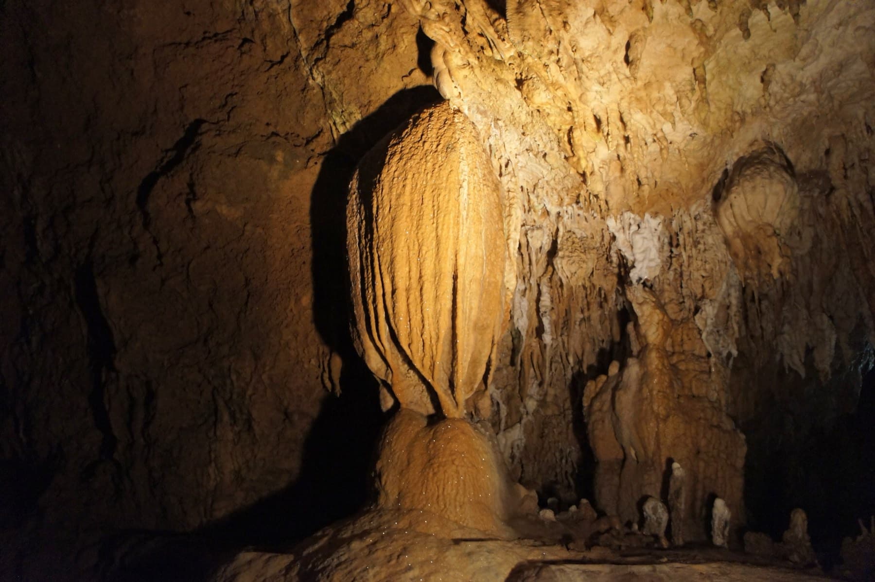 Warm lamps light a rounded column of flowstone and the ribbed walls around it inside the Ishigaki-jima Limestone Cave.