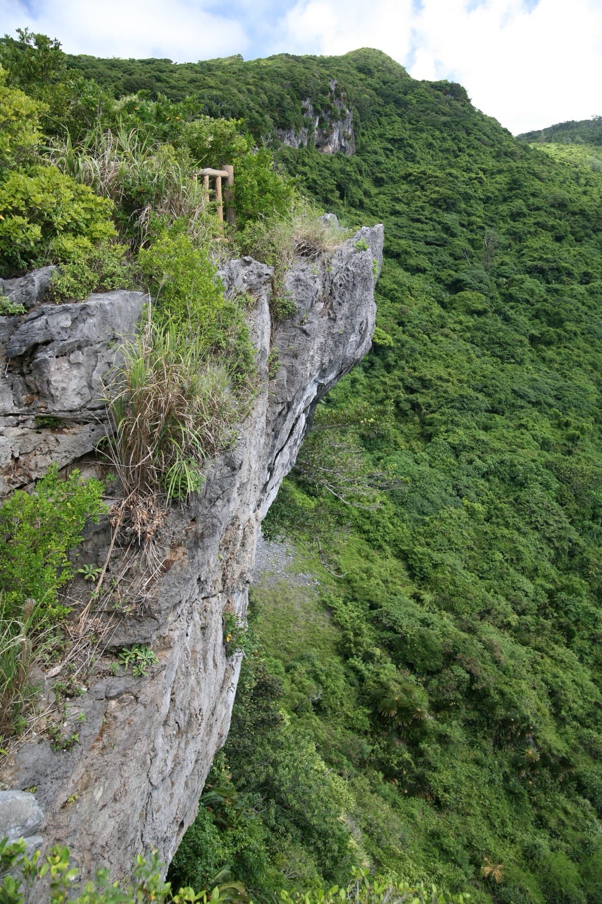 A grey limestone cliff juts out from the green slope at Kayauchi Banta, with a small wooden lookout perched on the edge above the coast