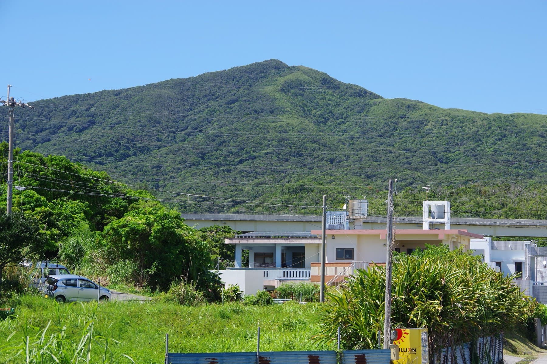 The green ridge of Mount Onna rises above houses and fields in the Igei district of Kin under a clear blue sky