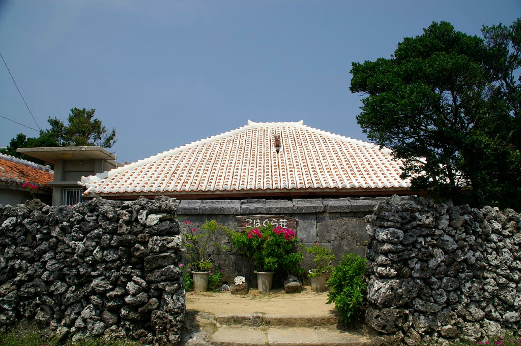 Potted flowers brighten the gap in a coral-stone wall in front of the red-tiled Kohagura-so house in Kohama village.