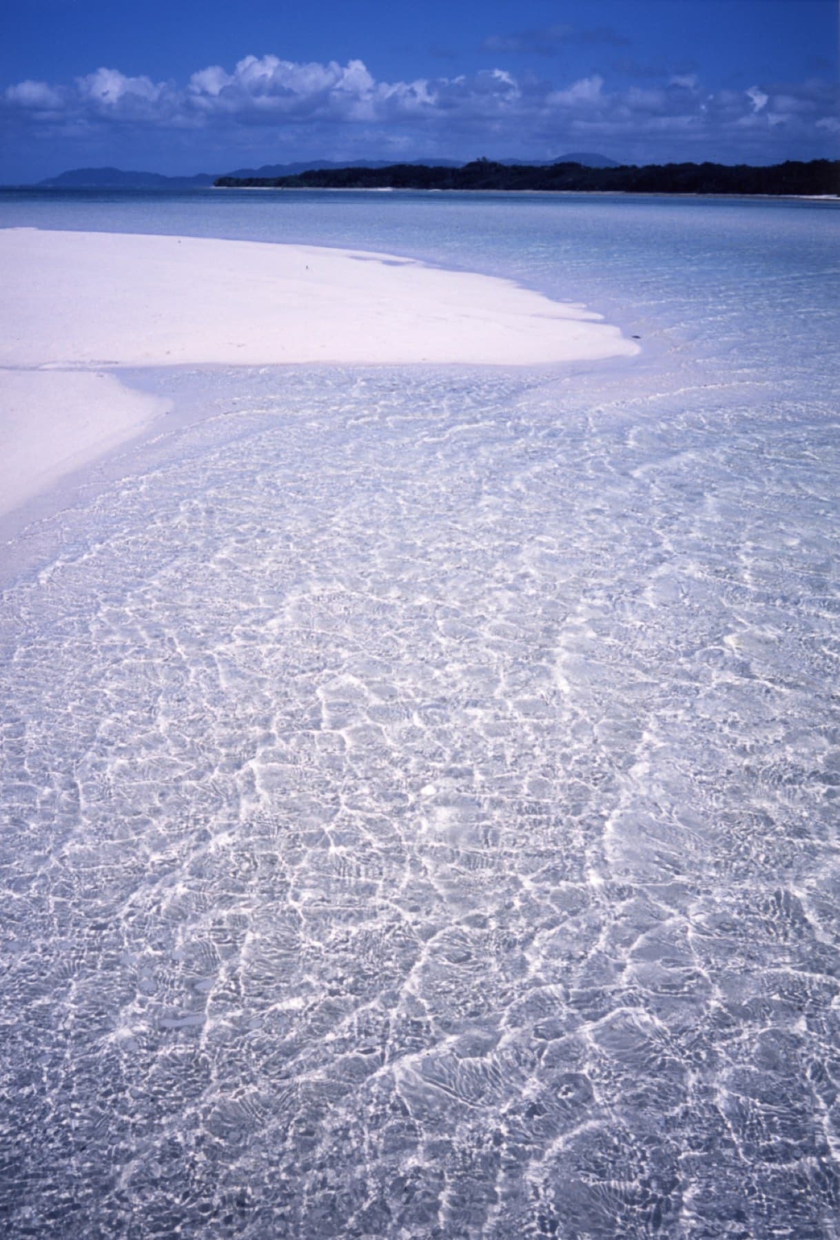 Sunlight draws a net of ripples on the clear shallows that lead out to the pale sandbar off Kondoi Beach at low tide.