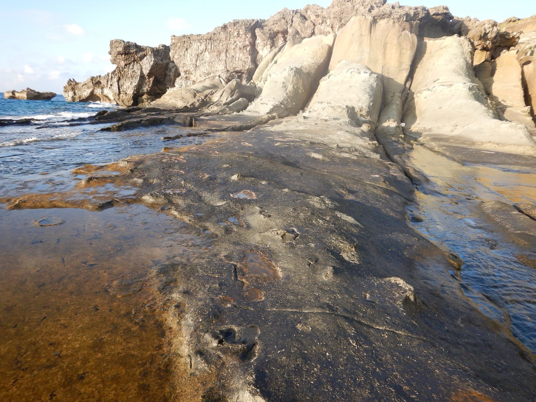 Pale layered sandstone rises in fins and ledges along the wave-washed shore at Kubura-bari on Yonaguni.