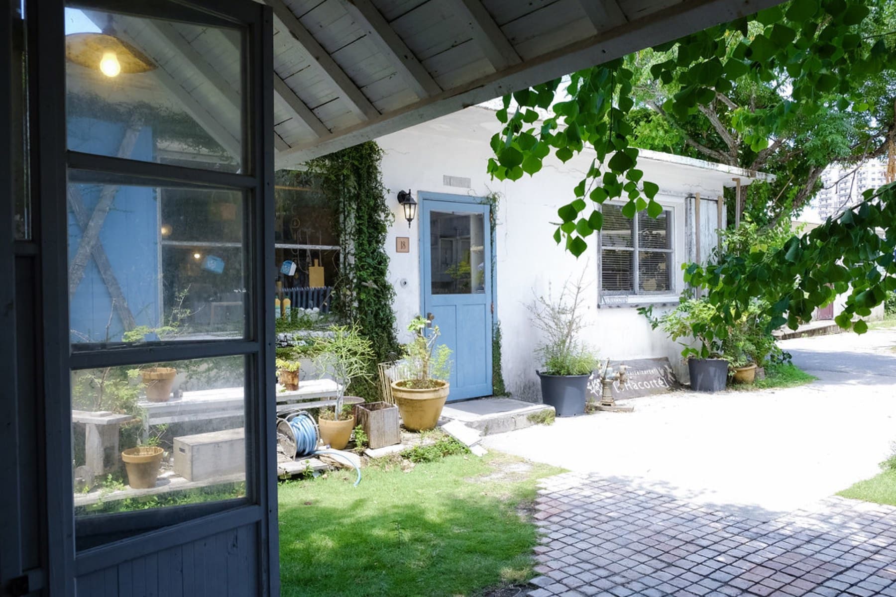 A whitewashed former foreign-housing bungalow in Minatogawa has a blue door, potted plants and a small lawn, seen from the open doorway of the shop across the lane