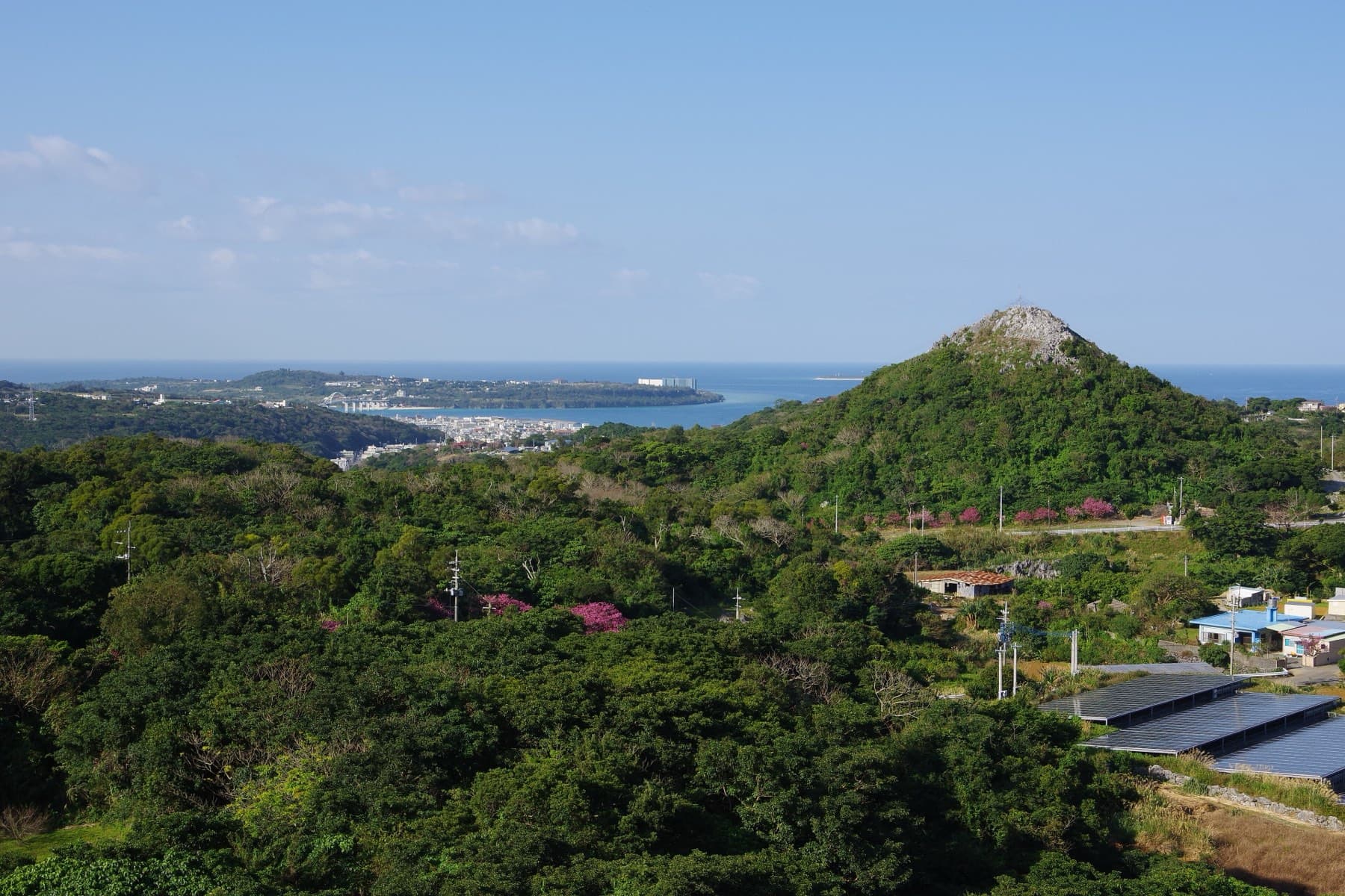 Forested cone karst hills roll down to the sea on the Motobu Peninsula, and the low shape of Sesoko lies across the blue water