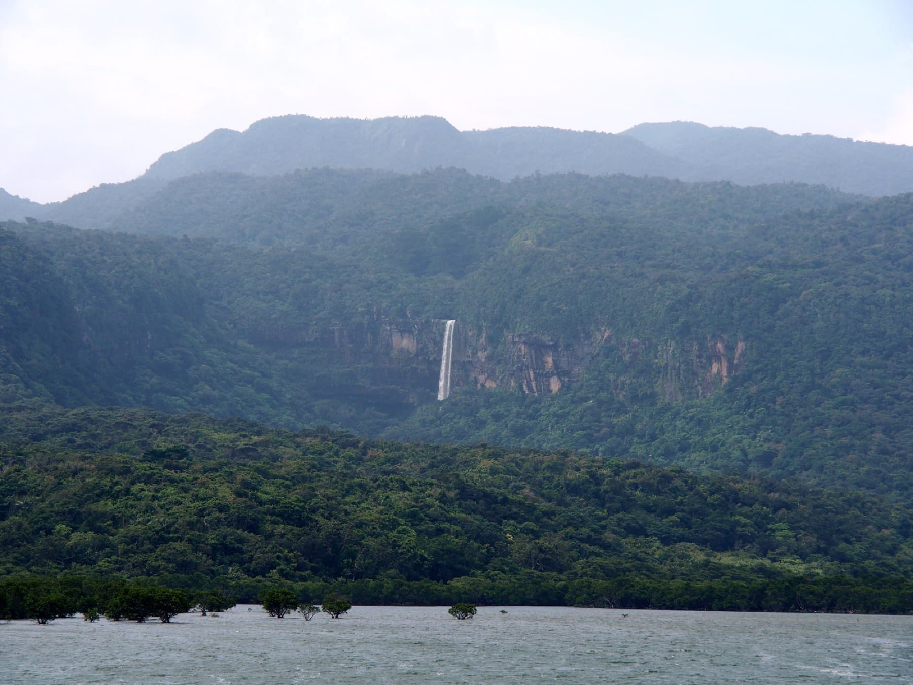The thin white line of Pinaisara Falls drops down a dark cliff in the forested hills across a stretch of calm water on Iriomote.