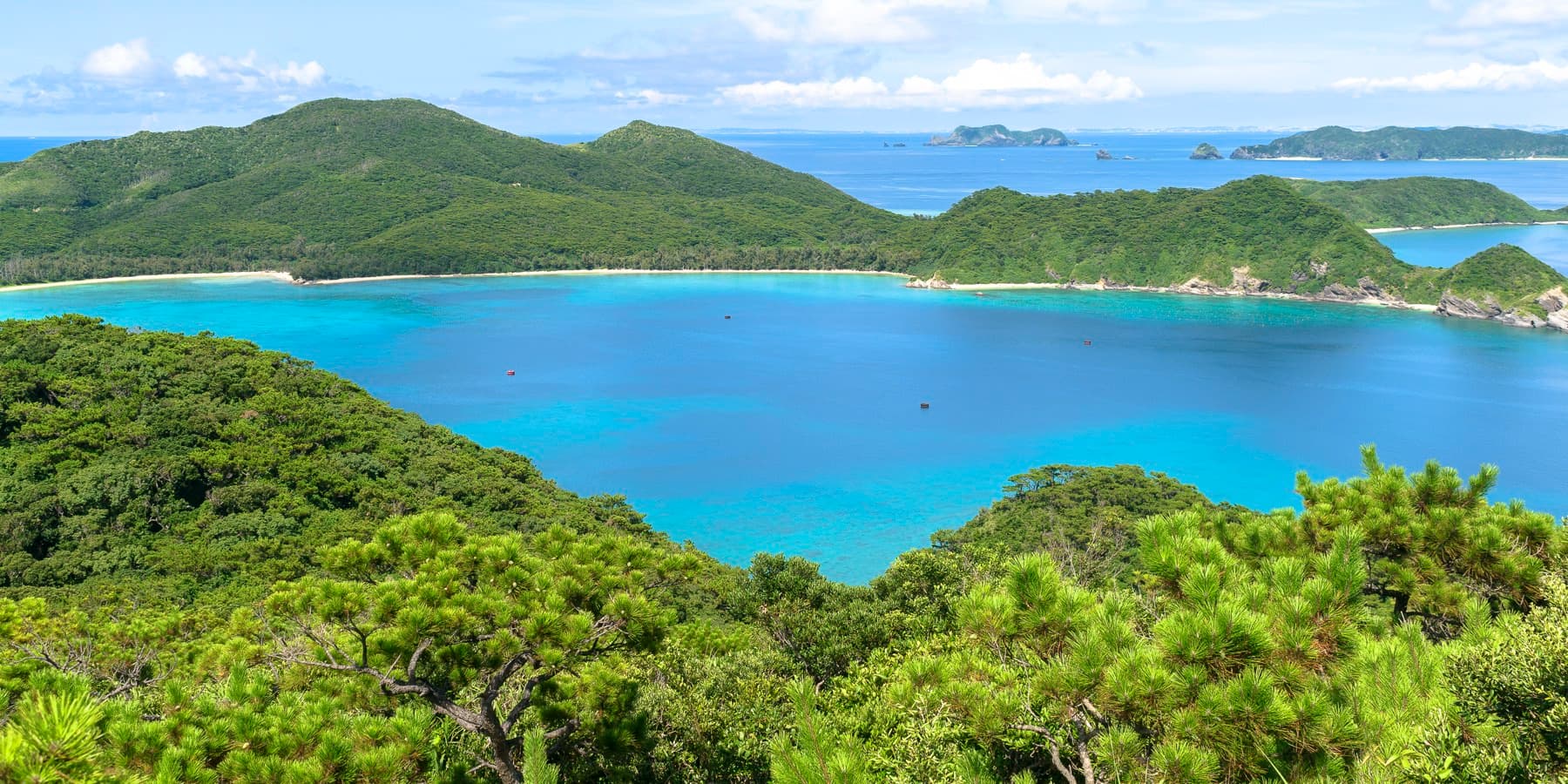 Pines give way to a wide blue bay below the Takatsuki-yama Observatory on Zamami, where green hills and pale beaches ring the water