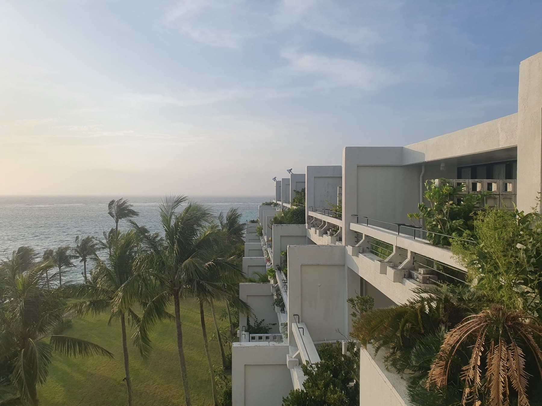 Planted concrete terraces of The Moon Beach Museum Resort step down toward a lawn of palms and the open sea in soft morning light