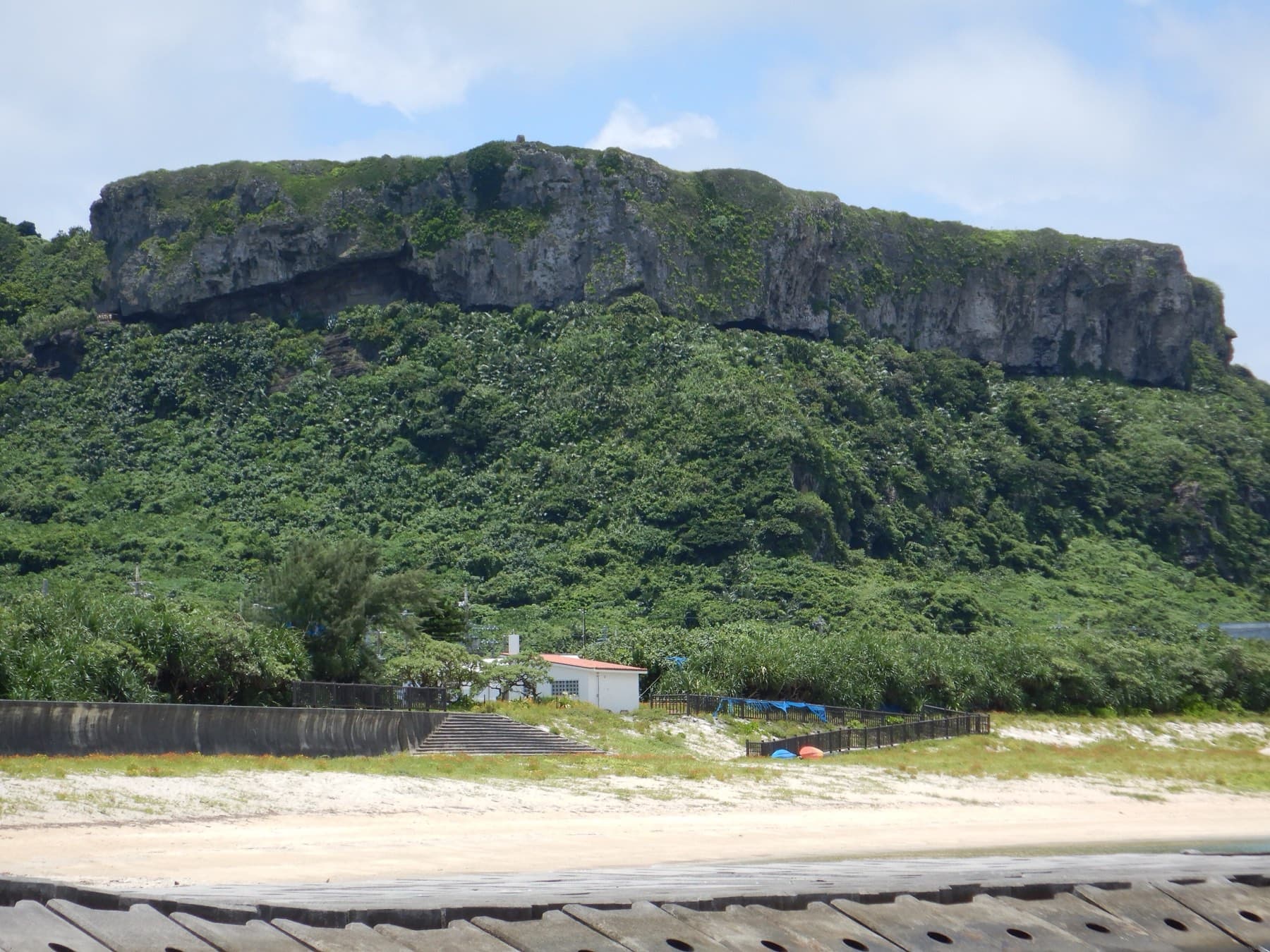 The flat-topped cliff of Tindabana rises above the forest and the beach at Sonai on the north coast of Yonaguni.