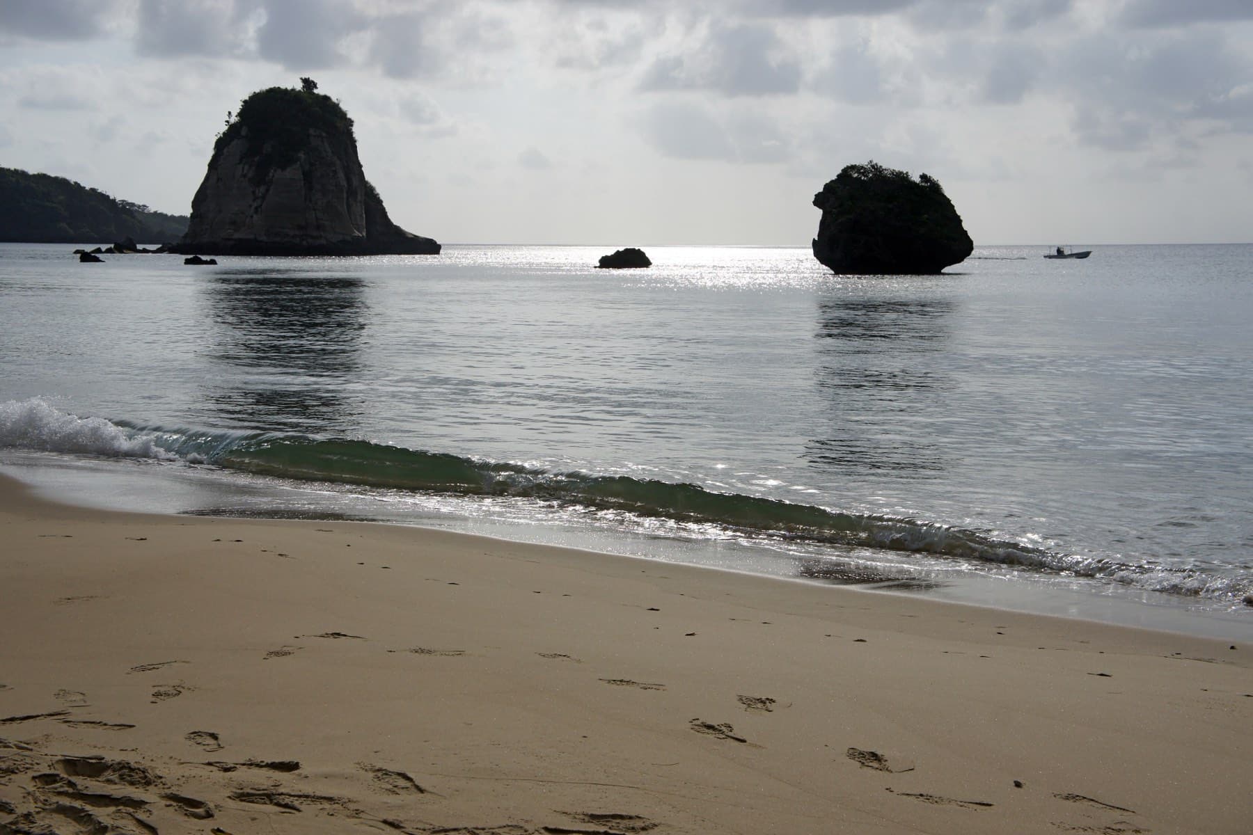 Gentle waves wash the curved sand of Tsukigahama on a still overcast morning as two rock stacks stand in the bay.