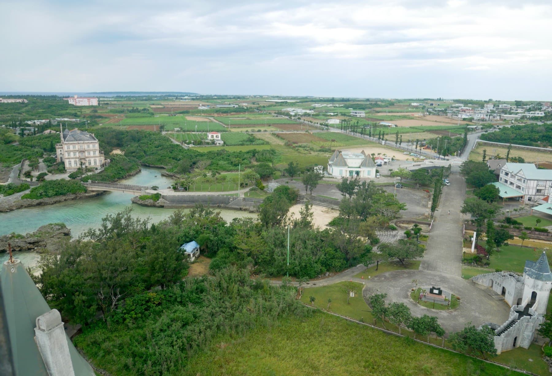 The view from the castle tower at the Ueno German Culture Village looks over its lagoon and the farmland of Ueno on Miyako-jima.