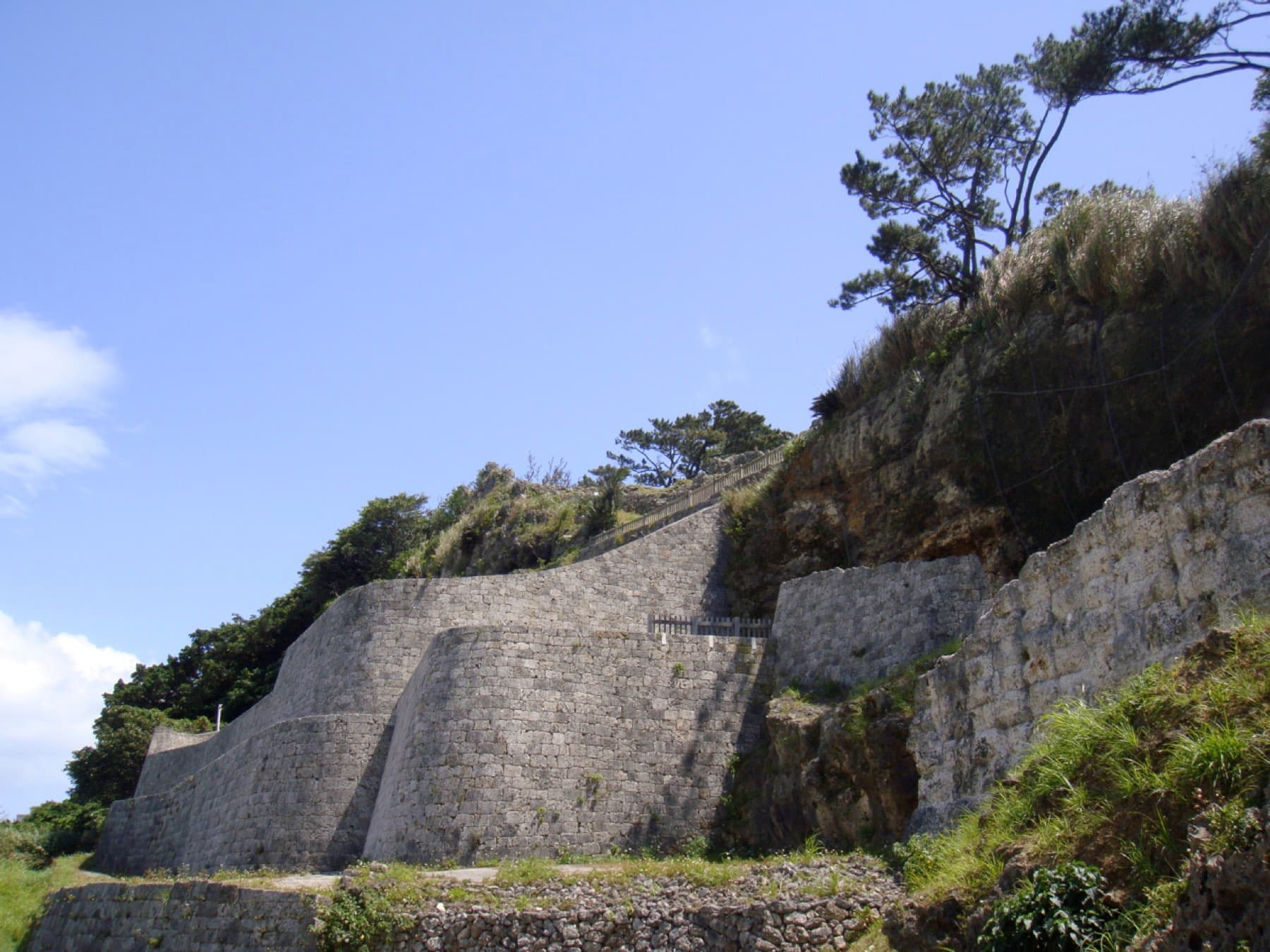High curved limestone walls of the Urasoe Yodore royal tombs climb the cliff below the Urasoe Castle ruins, with Ryukyu pines on the ridge against a clear blue sky