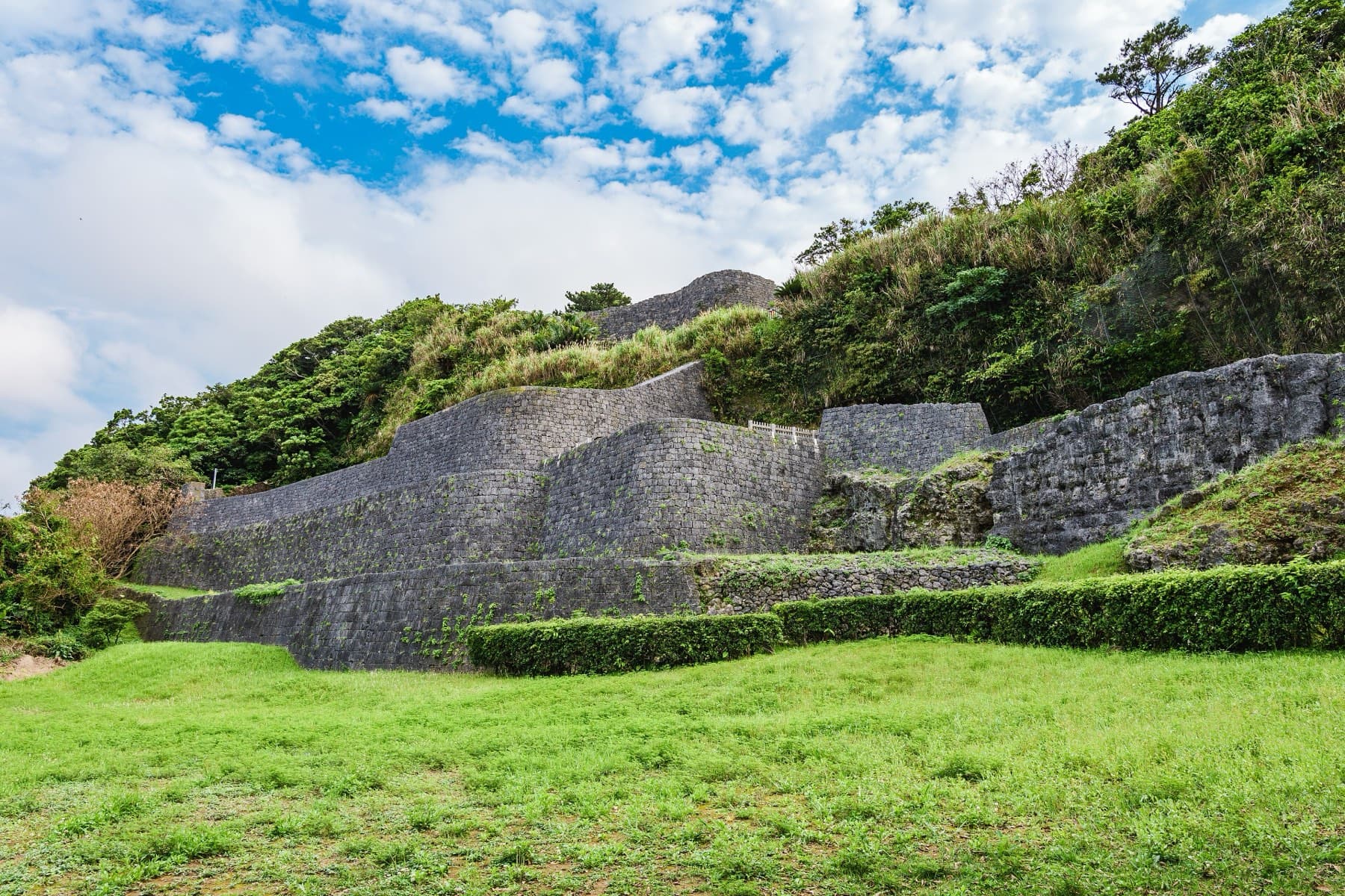 Restored limestone walls of the Urasoe Yodore royal tombs rise in tiers below the wooded cliff of the Urasoe Castle ruins, with a trimmed hedge and lawn in front