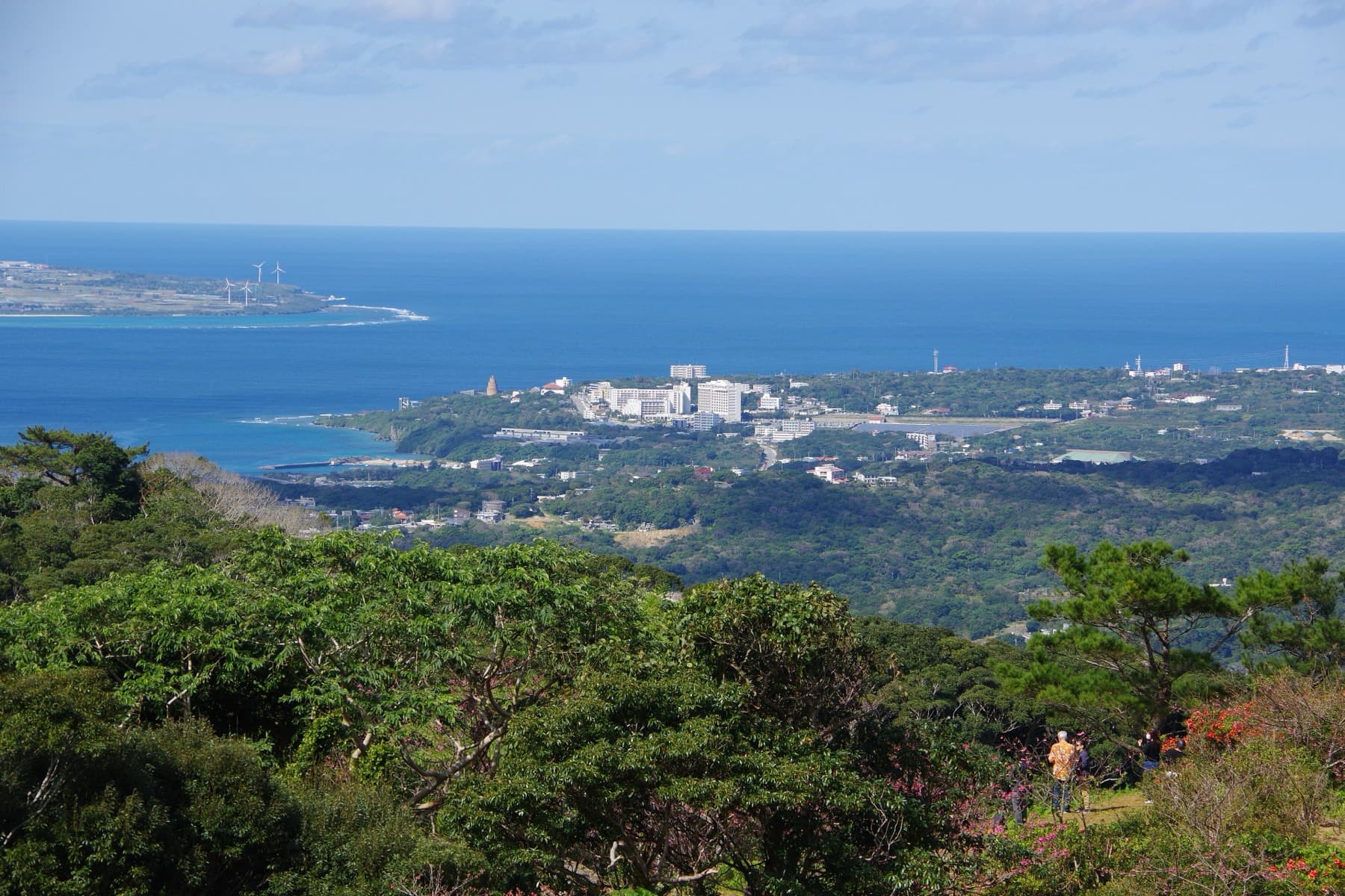From high on Mount Yae the view drops over forest to the town and coast of the Motobu Peninsula, with the deep blue sea and a long point beyond.