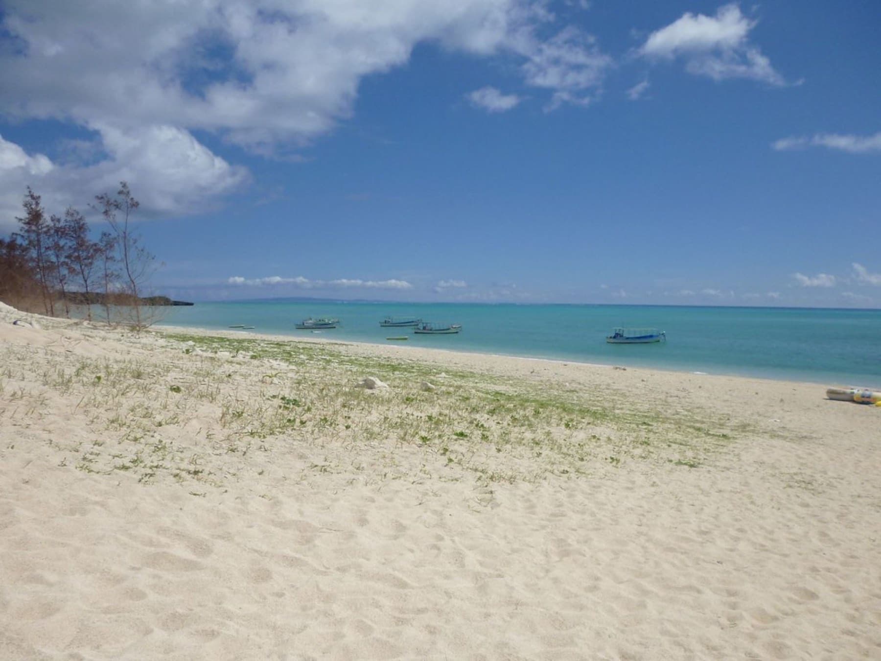 Pale sand and grassy dunes run down to calm water off the east coast of Yoron where boats leave for the Yurigahama sandbar.